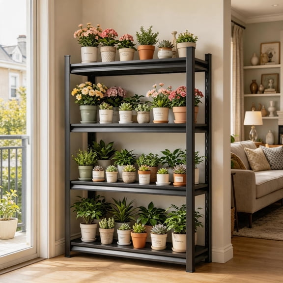 4-Tier Metal Gardening Storage Rack, FreeStanding Flower Stand, Rust-Proof Heavy-Duty Flower Pot Placement Table, Adjustable Shelves, 2500lb, Easy Installation, Space-Saving Home Green Plant Storage