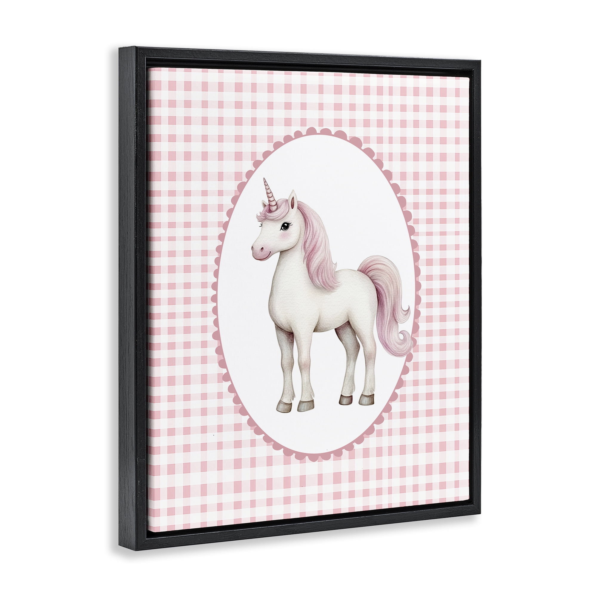 Stupell Industries Pink Gingham Unicorn Black Framed Floater Canvas Wall Art, design by Christine Simpson Art