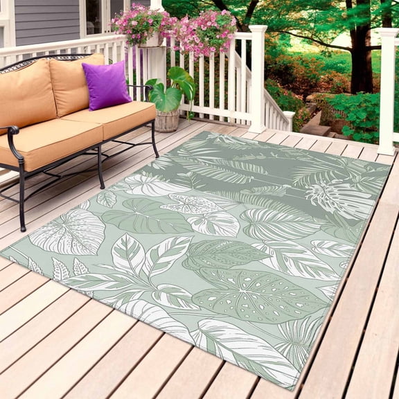 Palm Leaves Outdoor Rug 6x9 Ft, Non Slip Washable Area Rug, Tropical Botanical Monstera Leaf Light Green Patio Rugs Carpet Runner, Large Floor Mat for Indoor/Outdoor Deck Porch Camping