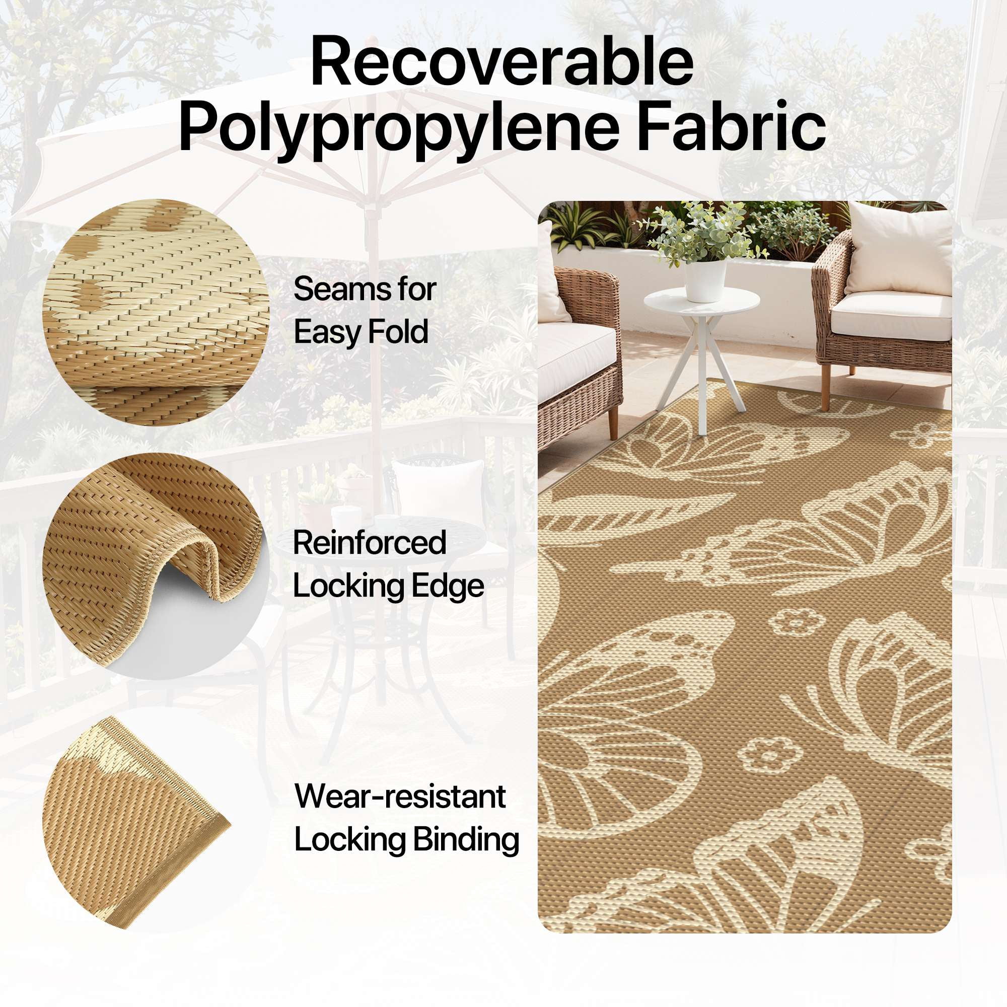 DEORAB 5'x8' Outdoor Rugs Waterproof Patio Reversible Plastic Straw Carpet Camping Outside Mat For Garden Balcony Camping Porch, Brown & Beige