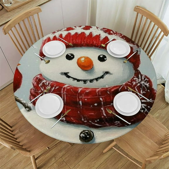 Patifu Snowman Red Hat Cardinal Round Tablecloth Stain-Resistant Washable Elastic Edge Christmas Outdoor Fitted 31"-35