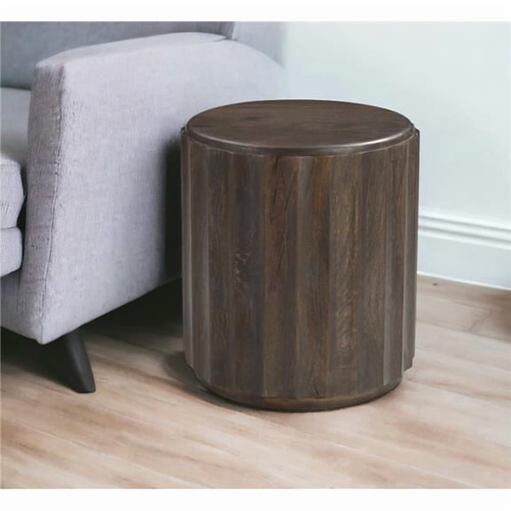 HomeRoots 565312 23 in. Brown Distressed Solid Wood Round Scalloped Drum End Table