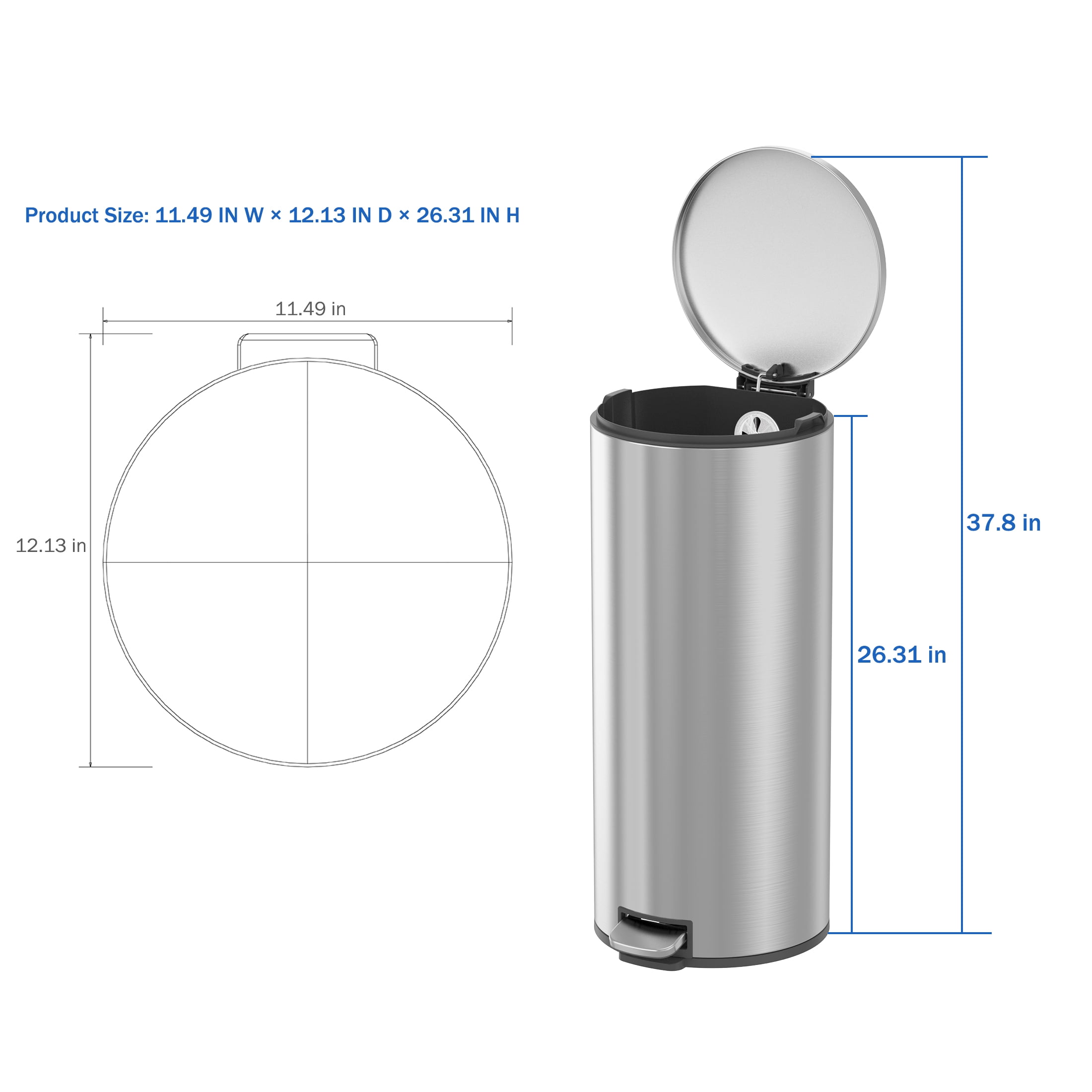 Better Homes & Gardens Kitchen Trash Can, 7.9 Gallon Stainless Steel Round Step Garbage Bin with Soft Close Lid, Silver