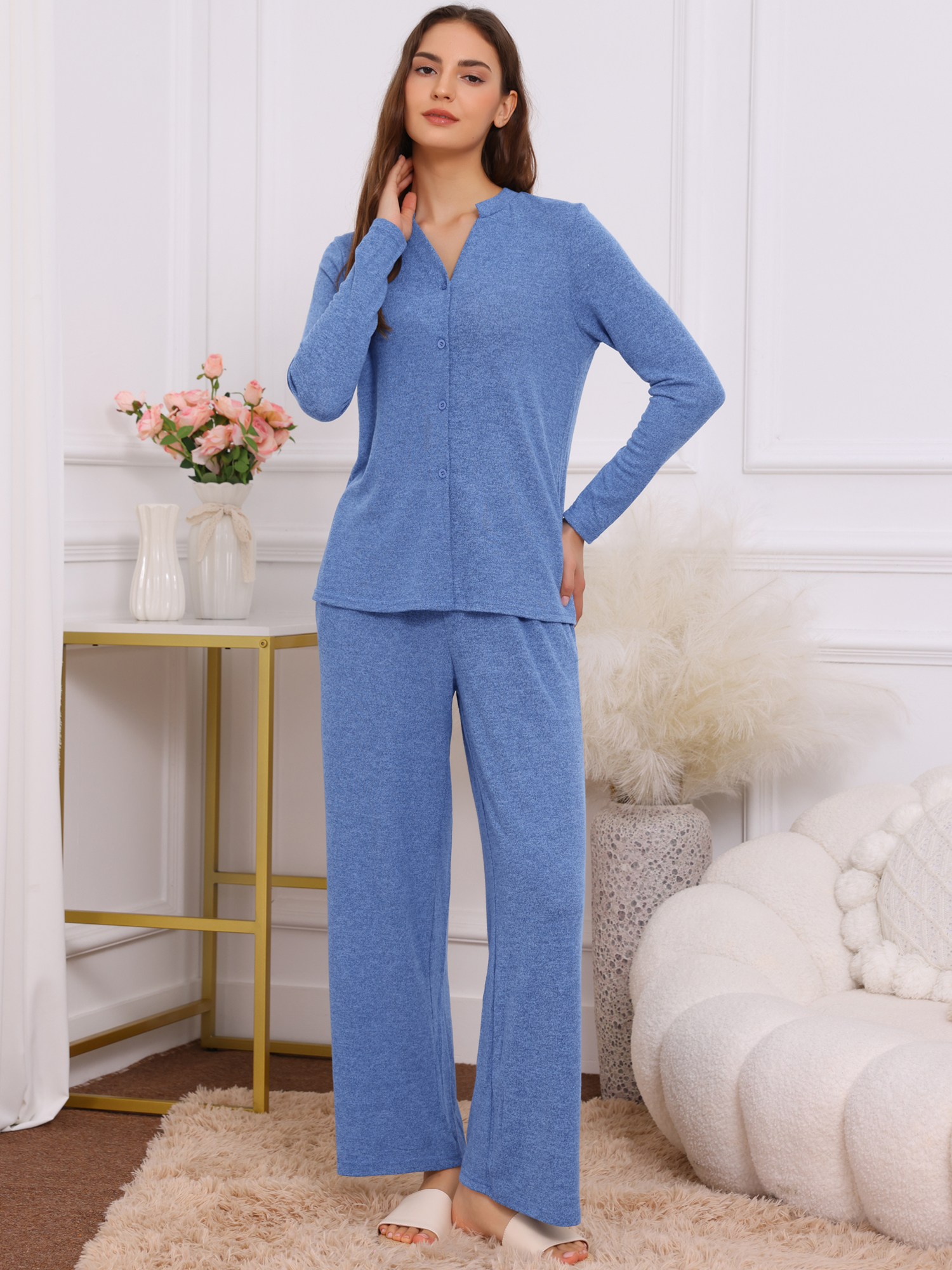 DARING DIVA Women's Sleepwear Pajamas Knit Button Down Tops and Pants with Pockets S Blue