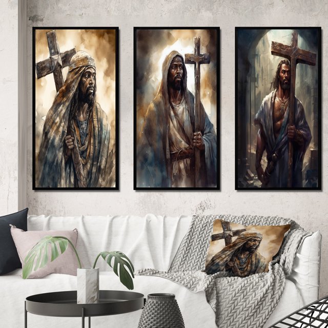 Designart "Jesus with Cross in Black III" Religious Landscape Framed Wall Art Set Of 3 - Black Religious Landscape Frame Gallery Wall Set For Home Decor