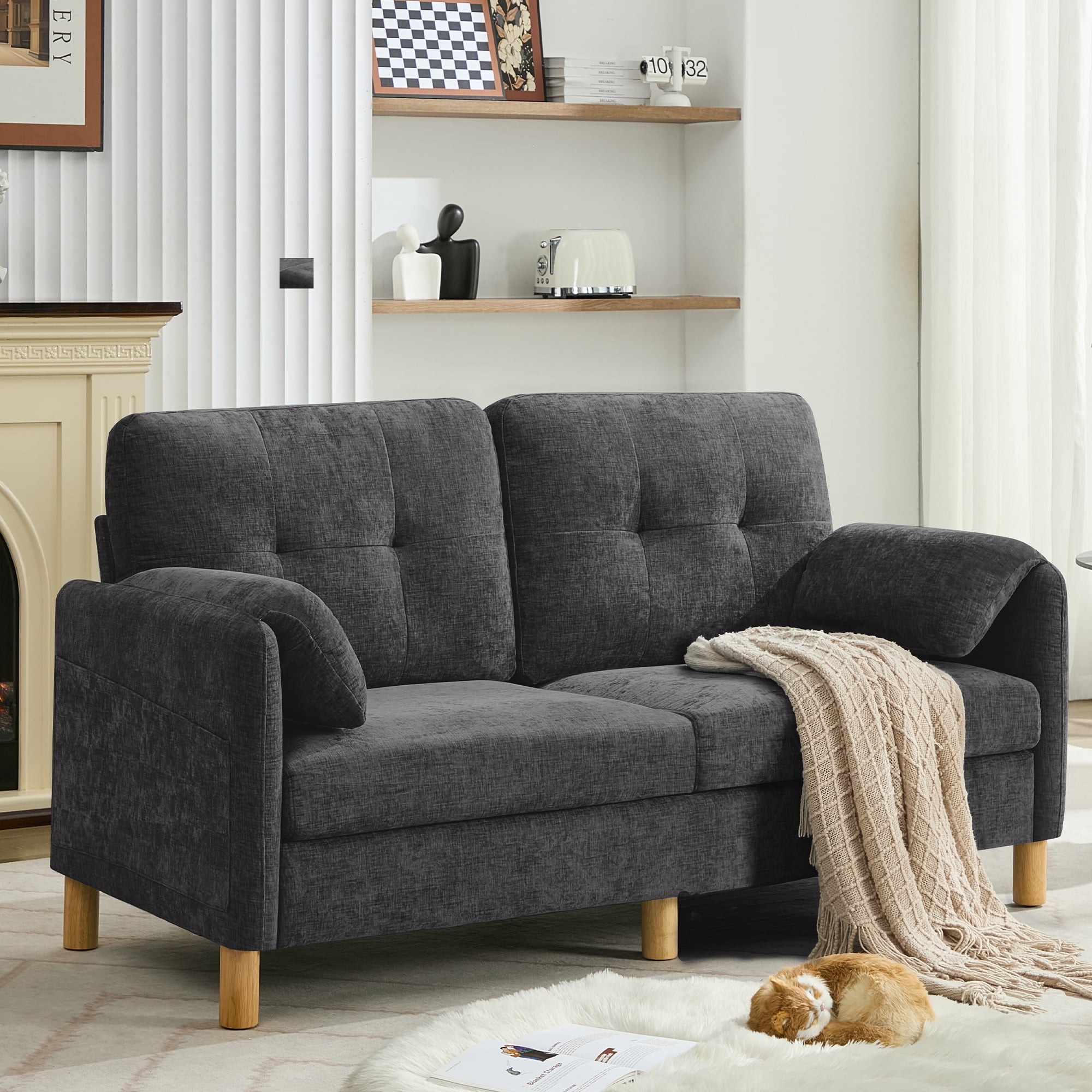 65" Chenille Loveseat Sofa, Modern 2-Seater with Armrest Pillows & Side Storage Pockets, Tufted Upholstered Loveseat for Living Room or Bedroom, Dark Grey