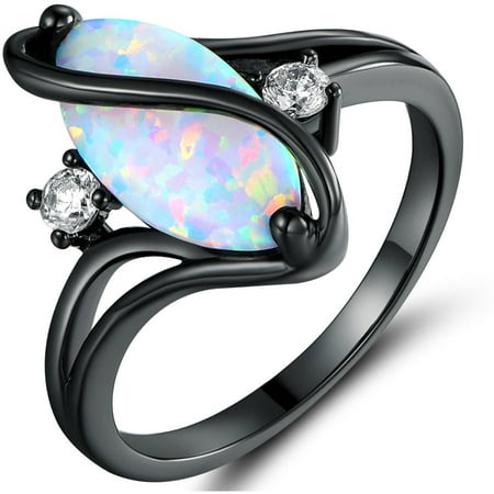 Lab Created Fire Opal Black Rhodium-Plated Band Ring
