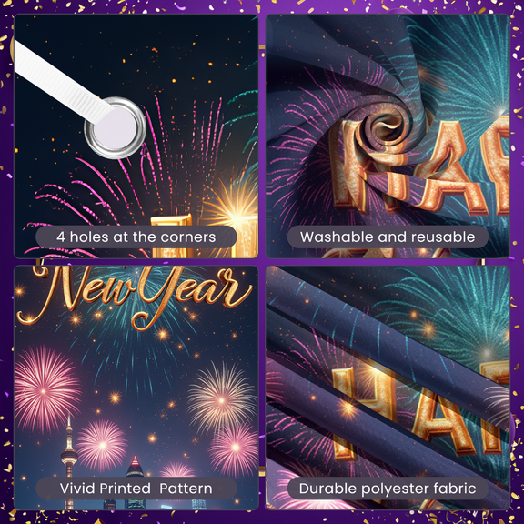 Decorative Design Happy New Year Banner Gold Glitter Stars Polyester Material Celebration Decoration for New Year's Eve Party Indoor Celebration Holiday Deco