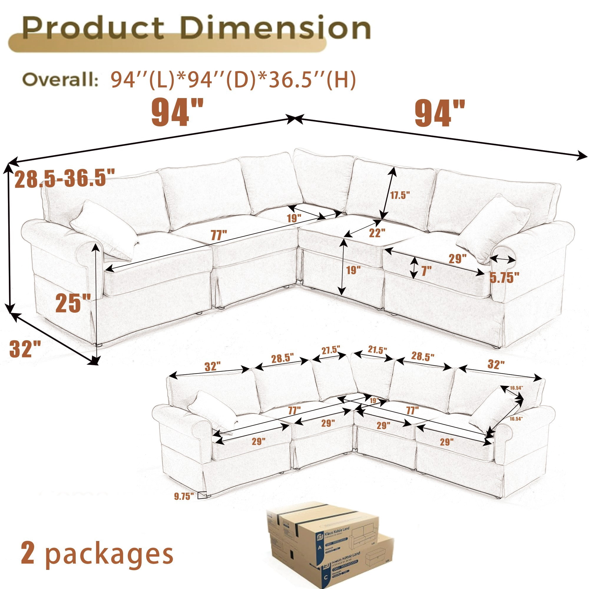 94" Modular Sectional Sofa Couch,L Shaped Convertible Sofa,Upholstered 5 Seat Sectional Sofa Couch for Living Room,Dark gray