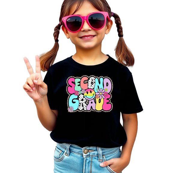 Retro Second Grade Shirt for Girls Back to School Groovy Girly 2nd Grade T-Shirt Black Shirt 5-6
