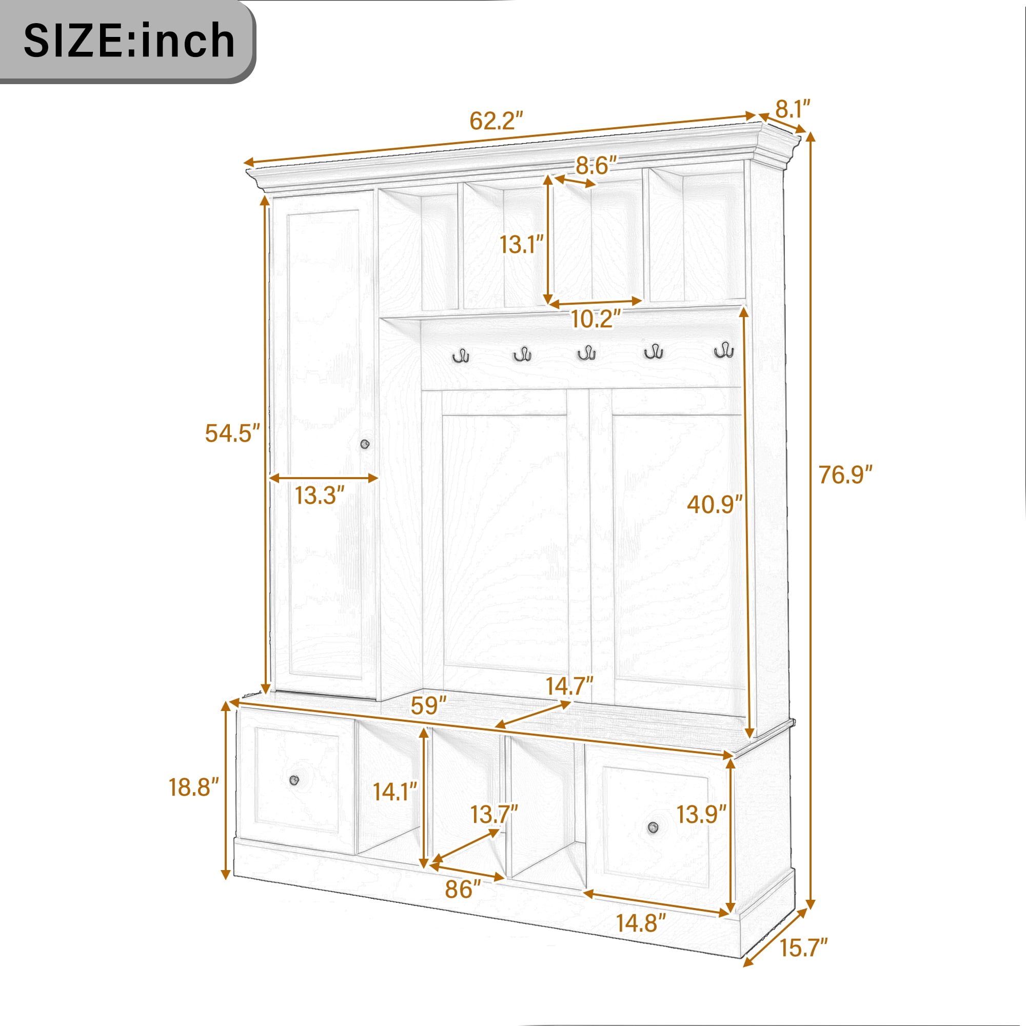 Mintazer Farmhouse Hall Tree with Bench and Shoe Storage, Adjustable Shelf Cabinet with Coat Rack, Hooks & Drawers for Hallway, Entryway, Black