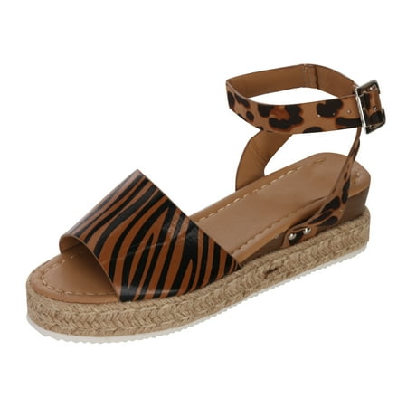 

Women Espadrilles Flatform Wedge Sandals Zebra Print Buckle Ankle Strap Sandals Open Toe Studded Platform Sandals