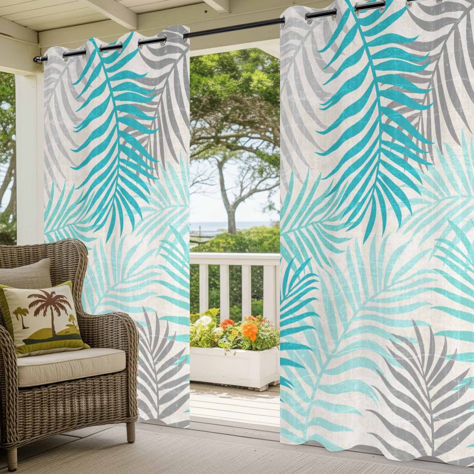 Teal Grey Palm Leaves Outdoor Curtains for Patio, Summer Botanical Vintage Tropical Leaf Rustic Sunshade Privacy Drapes Grommet Waterproof Outside Curtains for Porch/Cabana/Balcony 54"x 108", 1 Panel