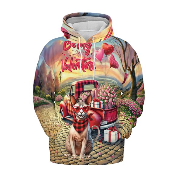 Be My Valentine's Sphynx Truck Full of Love Flower Balloon All Over Print 3D Hoodie Unisex Merch Hoodies Cat Lover Kitten Owner Gifts Idea - 02029