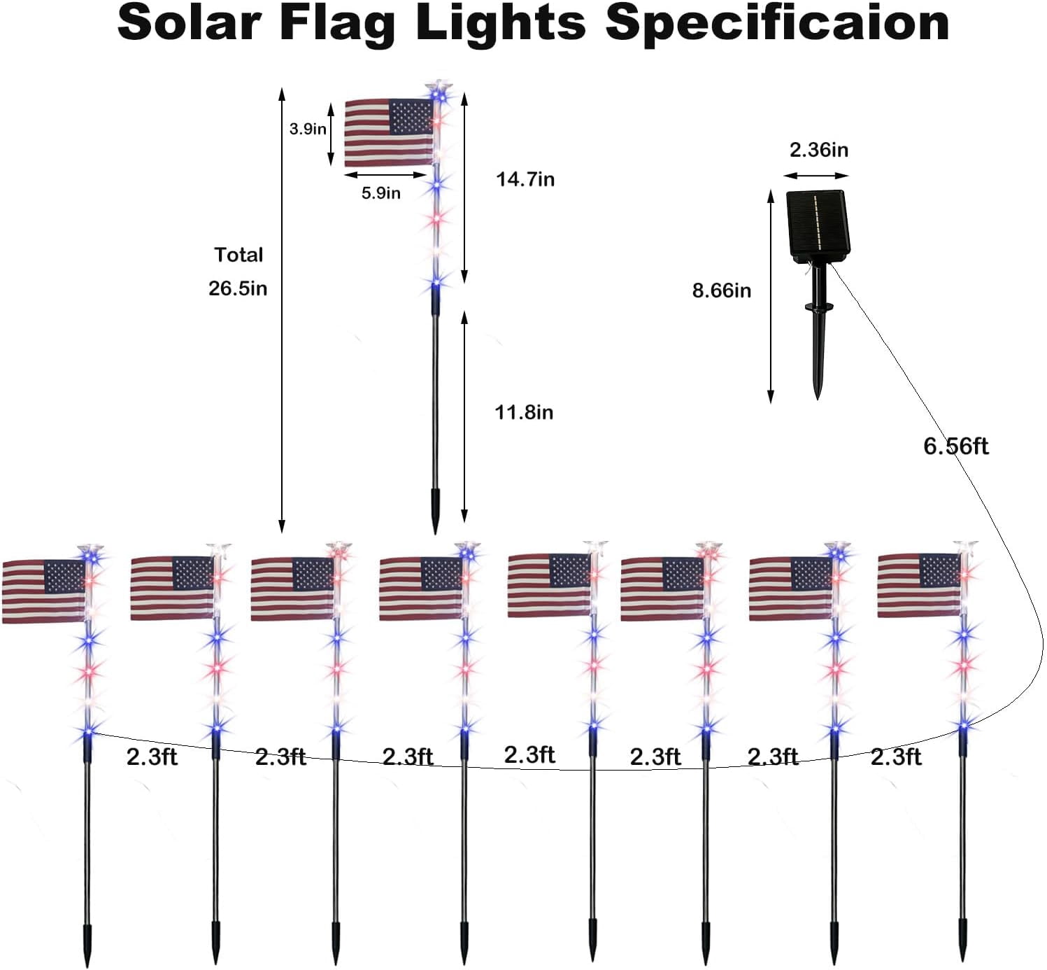4th of July Decorations Outdoor American Flag Lights, 8-Pack Solar Powered Pathway Lights with USA Flags and LED Stars, Red White and Blue Patriotic Yard Decor, 26.5 Inch