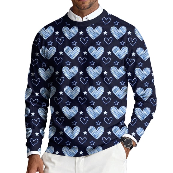 Fgvctg Romantic Valentine's Day Sweater for Men Crewneck Ribbed Knit Sweaters Love Heart Print Fashion Slim Fit Long Sleeve Pullover Sweater Spring Lightweight Blouse Watermelon Red XL