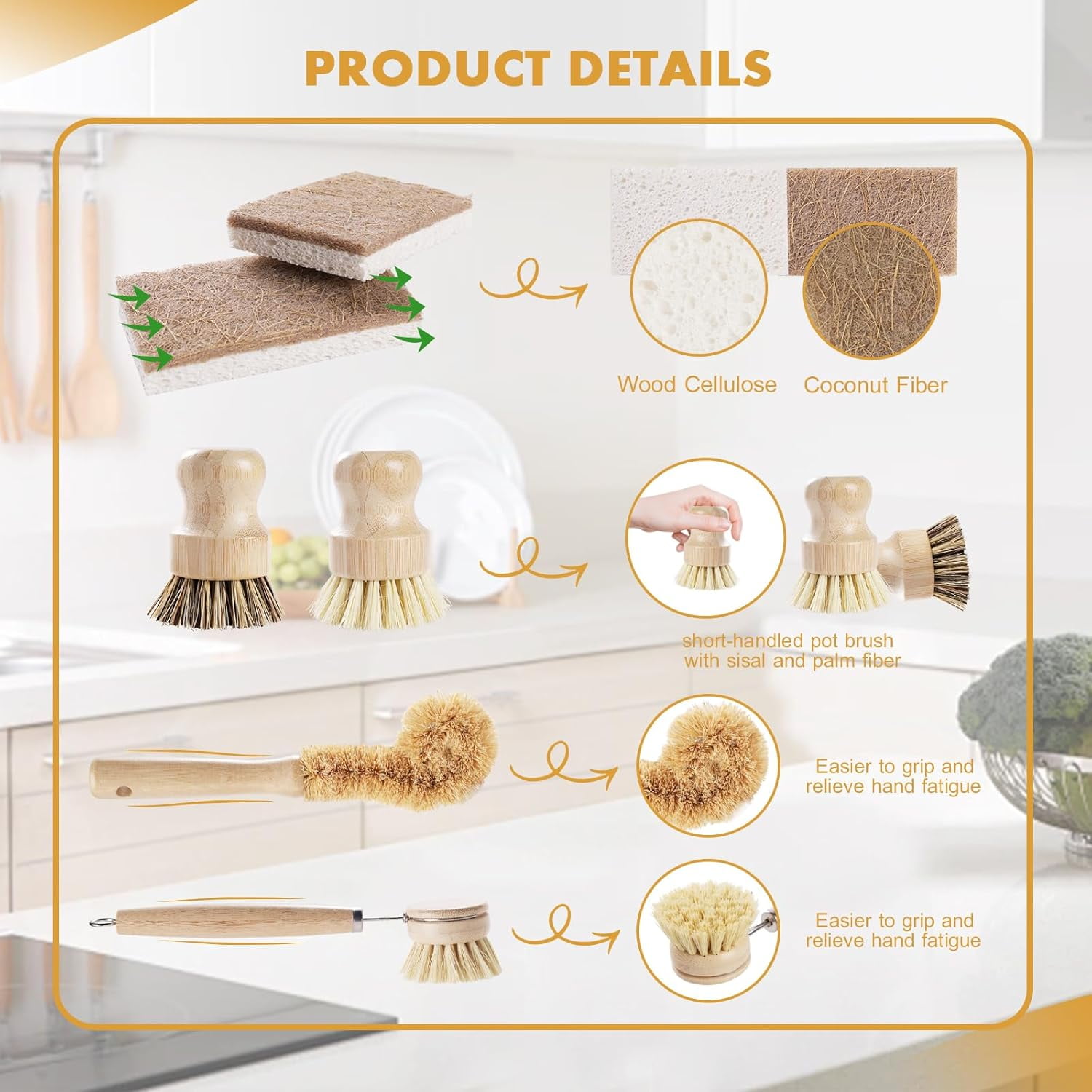 6 Piece Bamboo Dish Brush Set with Coconut Sponge - Wooden Sisal and Palm Fiber, Natural Scrub for Kitchen Cleaning Dishes, Pots, Pans, Bottles, Vegetables