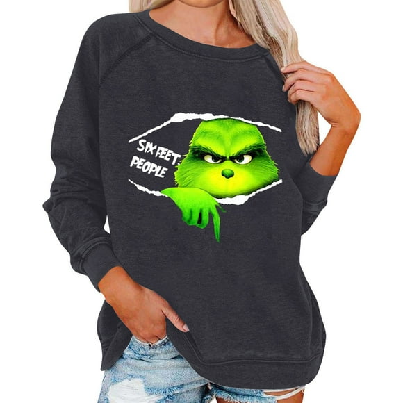 Affordable Christmas Corashan Ugly Christmas Sweater Funny Long Sleeve Blouses for Women Casual O-Neck Shirt Print Blouse Tops Loose Fit Fall Gray, XL