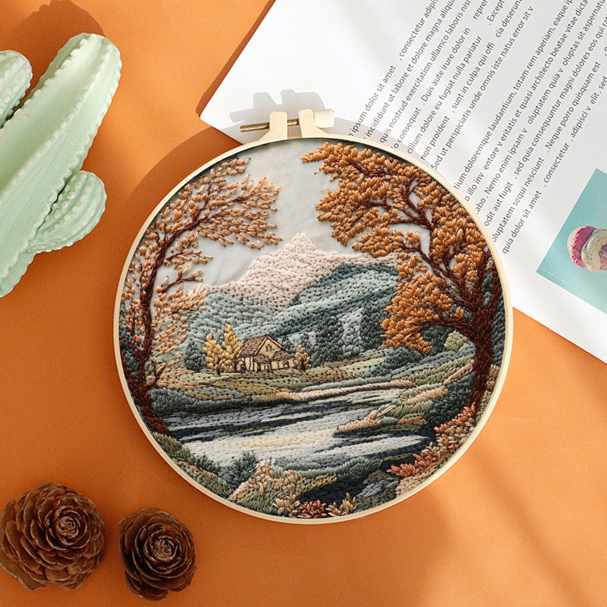 NEONWE 4 Set Embroidery Kit for Adult Beginner, with Landscape Tree Mountain Floral Nature Scenery Patterns Kits Boho Rustic Arts & Crafts Set, with Hoop, Colored Threads, Needles, and Instructions