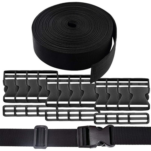 STONCEL 1.5 Inch Wide 10 Yards Black Nylon Heavy Webbing Strap and 12 PCS Flat Side Release Buckles Nylon Webbing Tape For DIY Craft Backpack Strapping (band buckle adjustable)