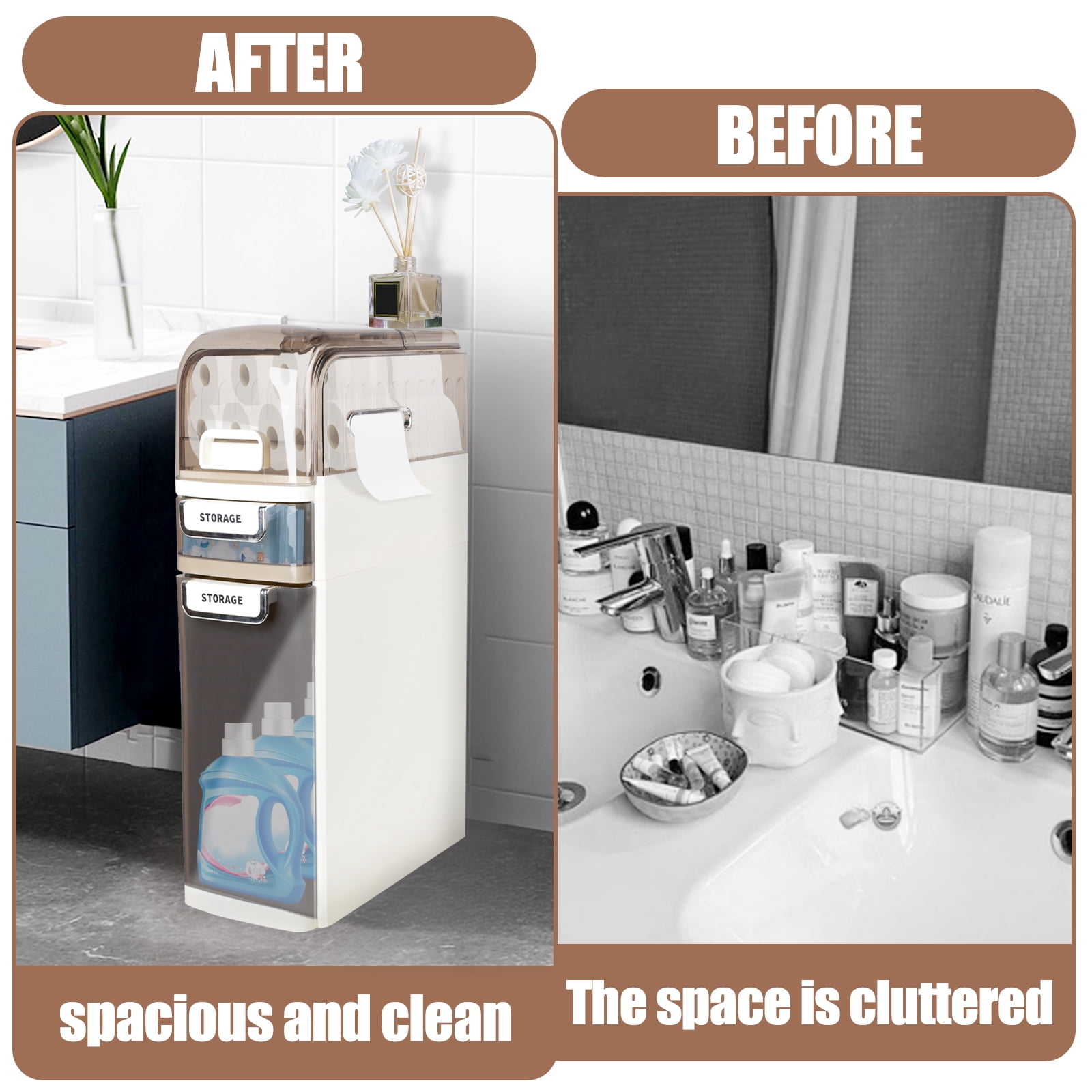 3 Tier Standing Storage Cabinet with Drawers and Removable Rollers, Slim Bathroom Storage Cabinet, Large Capacity Design, Narrow Toilet Paper Cabinet for Tight Spaces, White