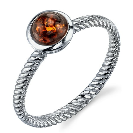 Baltic Honey Amber Ring - Sterling Silver Baltic Amber Ring with Cognac Color Cabochon and Twisted Band Design 5-9