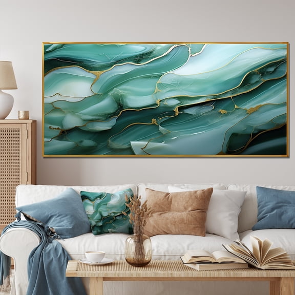 Designart "Mirage Liquid Ink in Green and Grey I" Extra Large Abstract Framed Wall Art - Modern Green Abstract Liquid Ink Entryway Framed Wall Art Print