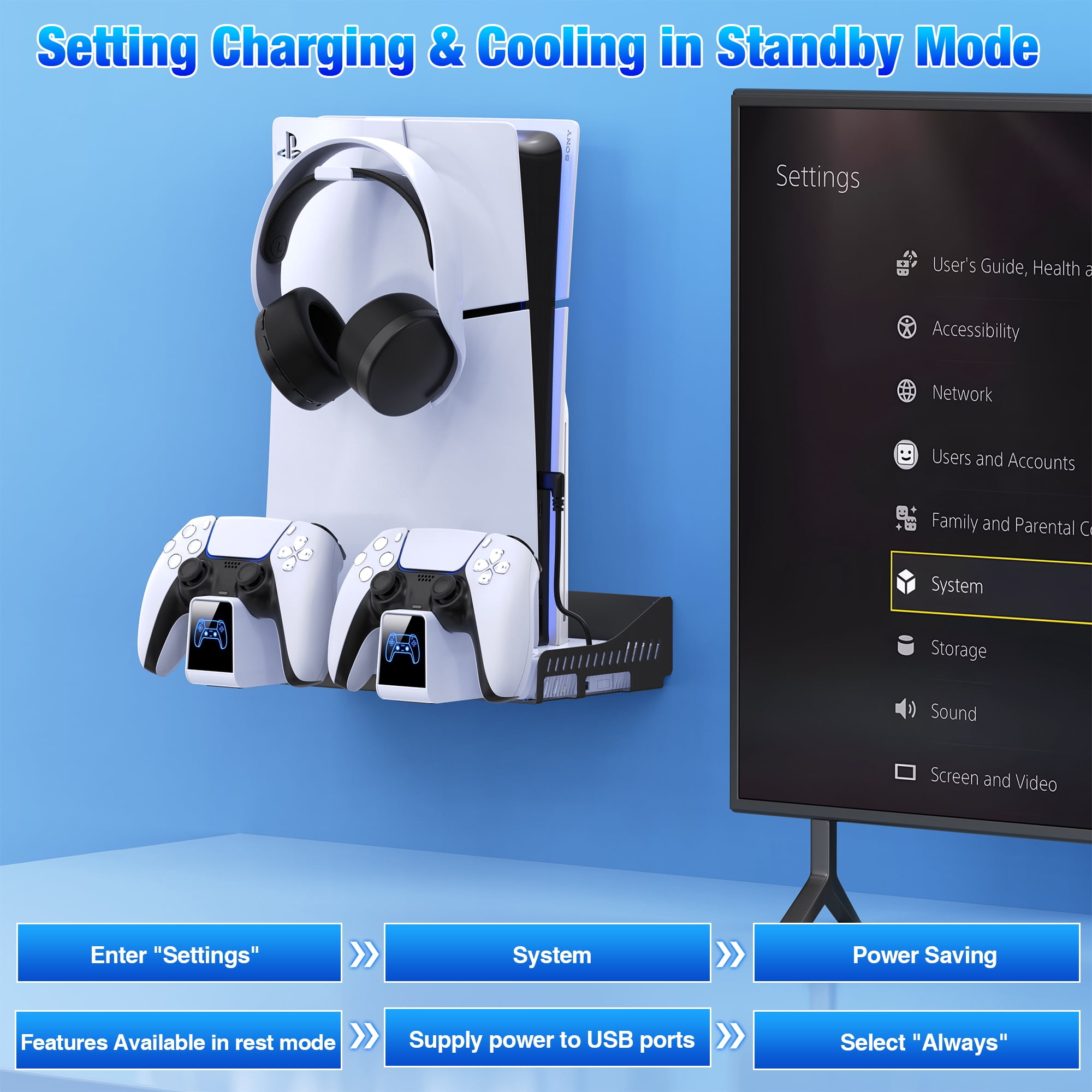 PS5 Silm Stand with Cooling Fan for 2020 Playstation 5 Disc/Digital Console/PS5 Silm,PS5 Accessories with Dual Charger Station