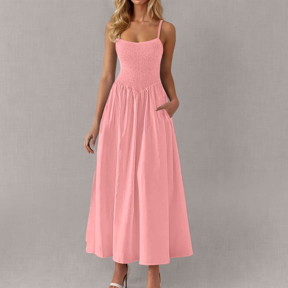 Blmnix Dresses for Women Tent Pleated Slip Dress Petticoat Pink Sleeveless Square Neckline Womens Dress,L