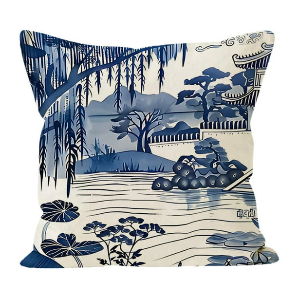 Cojín de lino azul y blanco para salón y dormitorio Funda de cojín decorativa con diseño clásico