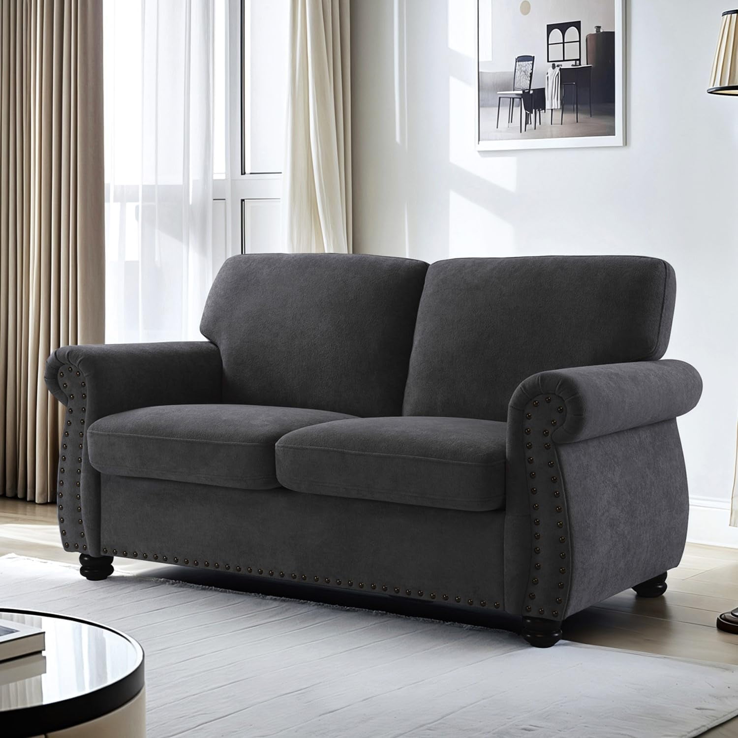 US Pride Furniture 65 in. Wide Rolled Arm Velvet Modern Rectangle Loveseat in Black For Home