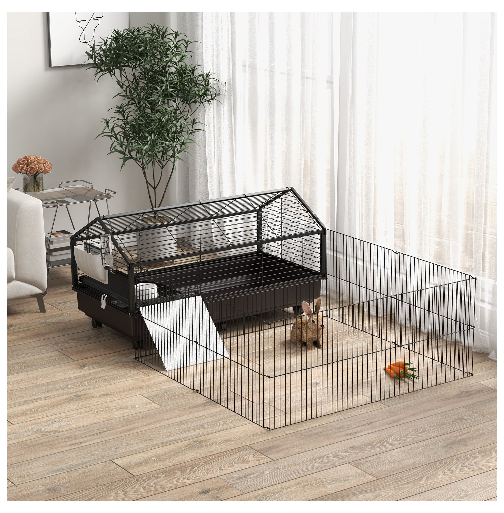 Small Animal Cage with Run, Rolling Bunny Cage, Guinea Pig Habitat, Hedgehog Cage - 46.5" - Includes Bottle, Bowl & Ramps