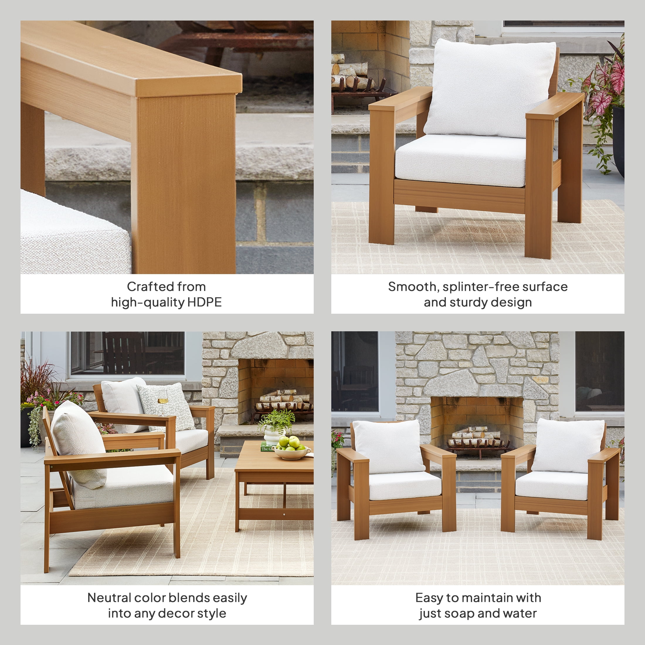 Better Homes & Gardens Ezra Outdoor HDPE Club Chair, Teak with Cream Boucle Cushions