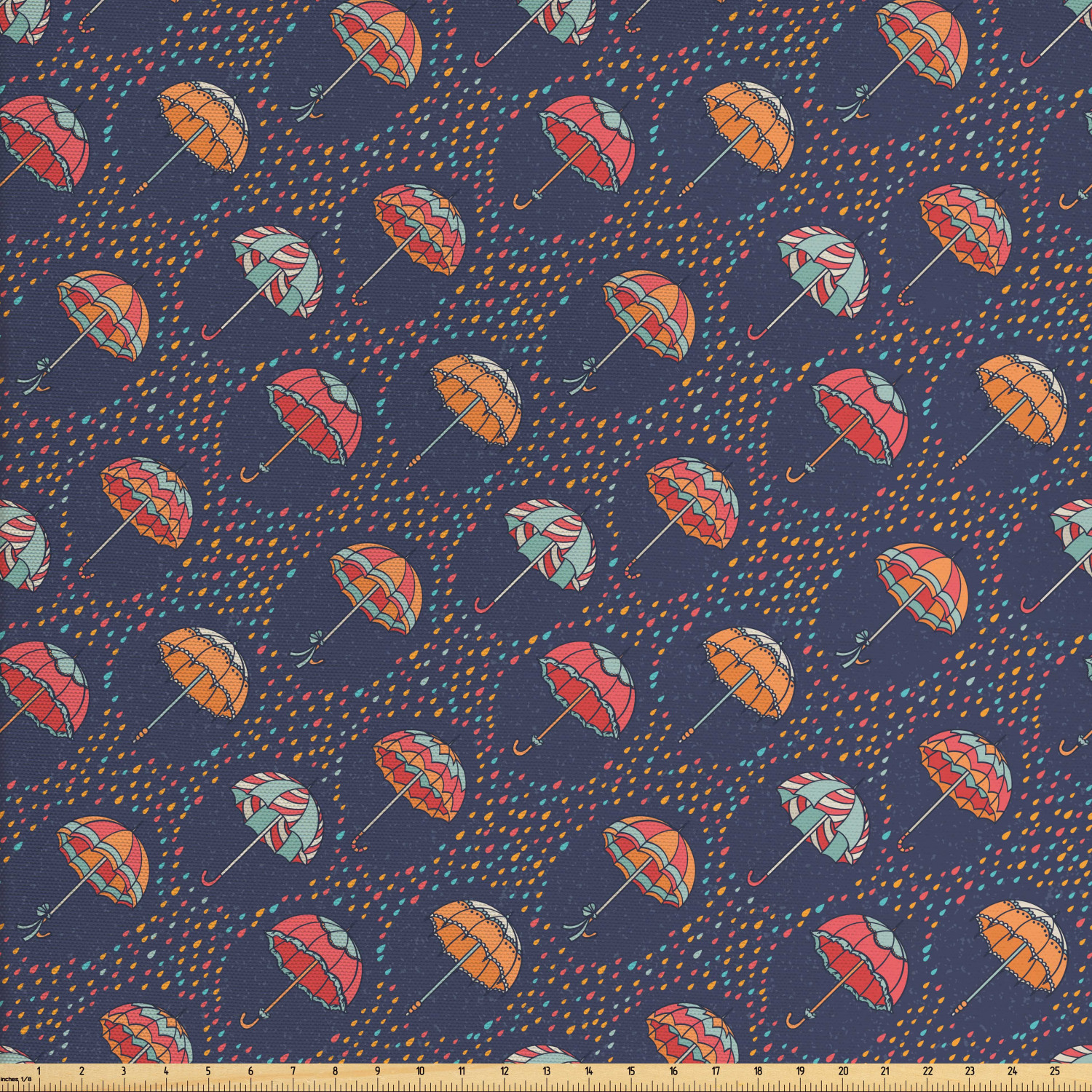 Rain Fabric by The Yard, Illustration of Colorful Drops and Art