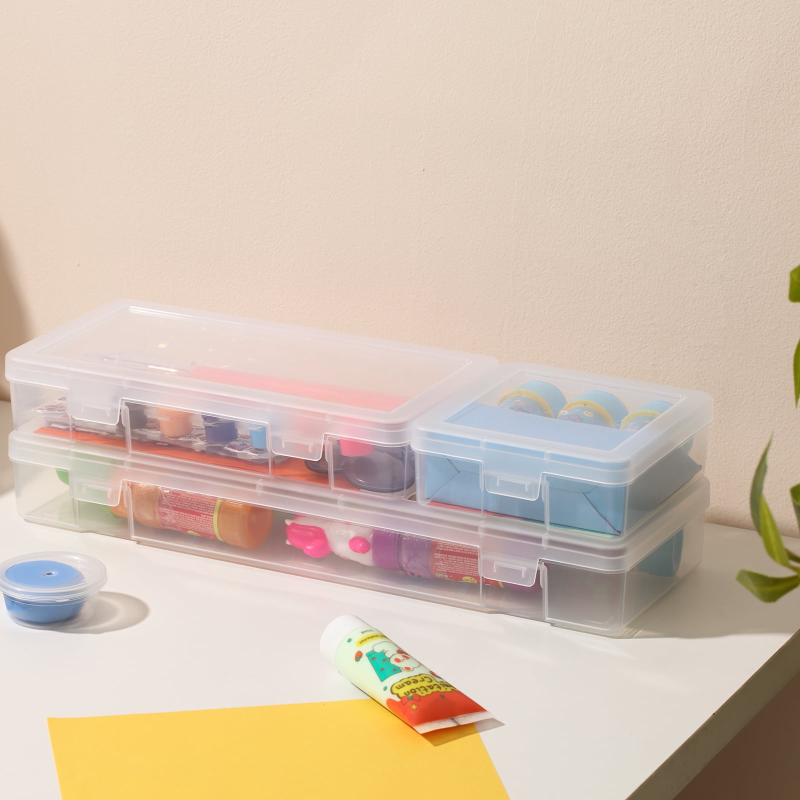 Novelinks 9 Pack Stackable Plastic Storage Box Containers Clear Hobby Art Craft Organizer Rectangle Box for Pencil Box Crayon Beads Jewelry,(3 Small + 3 Medium + 3 Large)