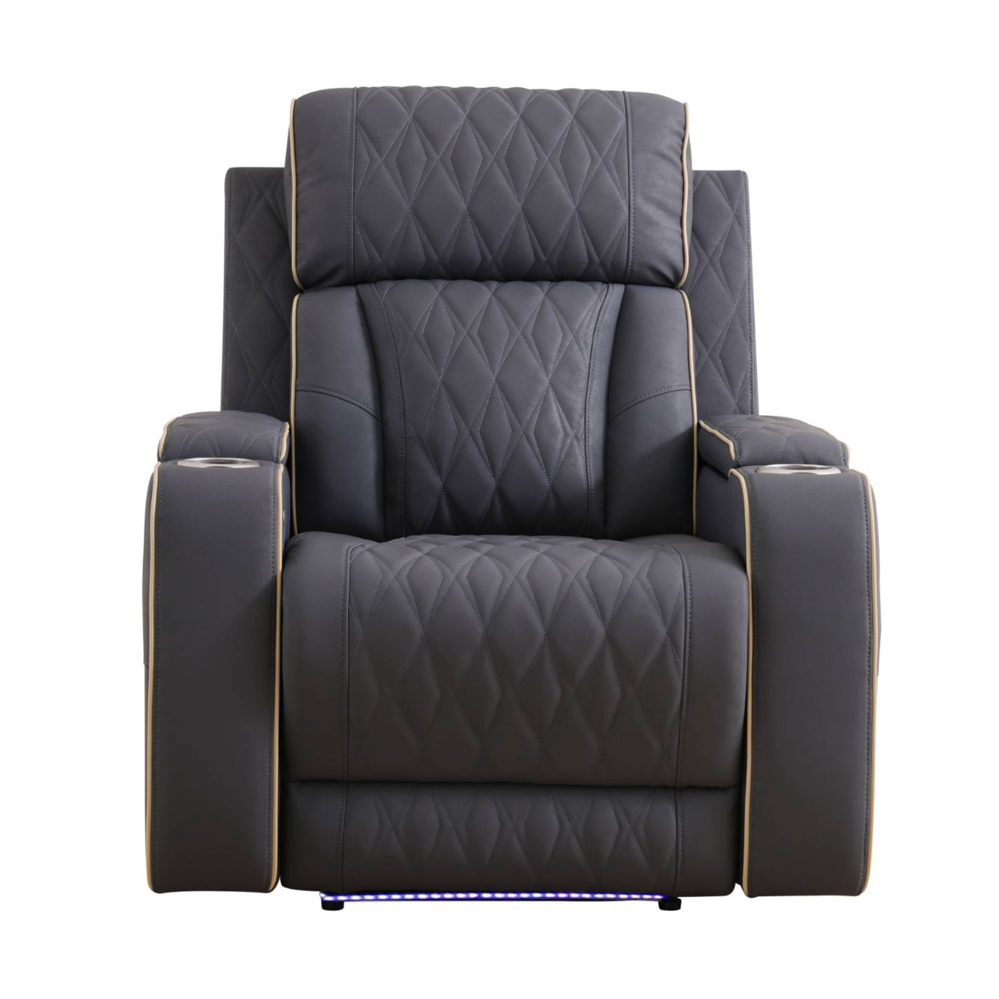 Overstuffed Recliner Sets, Power Leather Recliner Chair with LED Light, Reclining Sofa for Living Room, Black