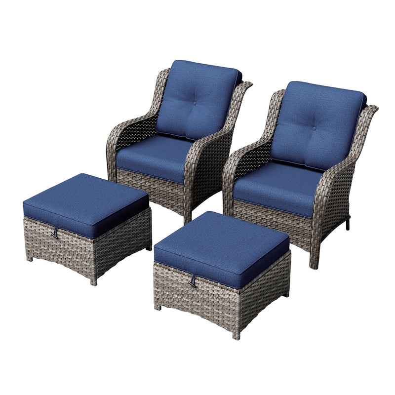 Meetleisure 4 Piece Wicker Patio Furniture Set, Rattan Chairs with Ottomans, High Back, Deep Seating, Wide Armrest, Thick Cushions for Deck Porch, Dark Blue