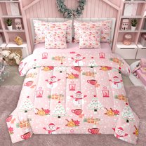 Manfei Cute Winter Snowman Bedding Comforter Set 7pcs for Kids, Christmas Tree King Bedding Sets, Chic Star Polkadots Reversible Bed Sheets, Breathable Home Decor