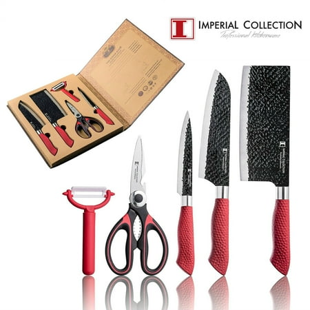 007 Stainless Steel Case - Imperial Collection 5 Piece Knife Set, Includes 2 In 1 Scissor/Bottle Cap Opener, Peeler & Storage Case - Extremely Sharp High Quality Stainless Steel NonStick Coating Kitchen Knives (Red)