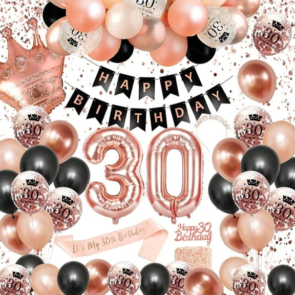 30th Black and Rose Gold Party Decorations -30th Birthday Decorations for Women, 30th Birthday Rose Gold Black Balloons, Happy 30th Birthday Banner Kit for Women Dirty 30 Party Supplies