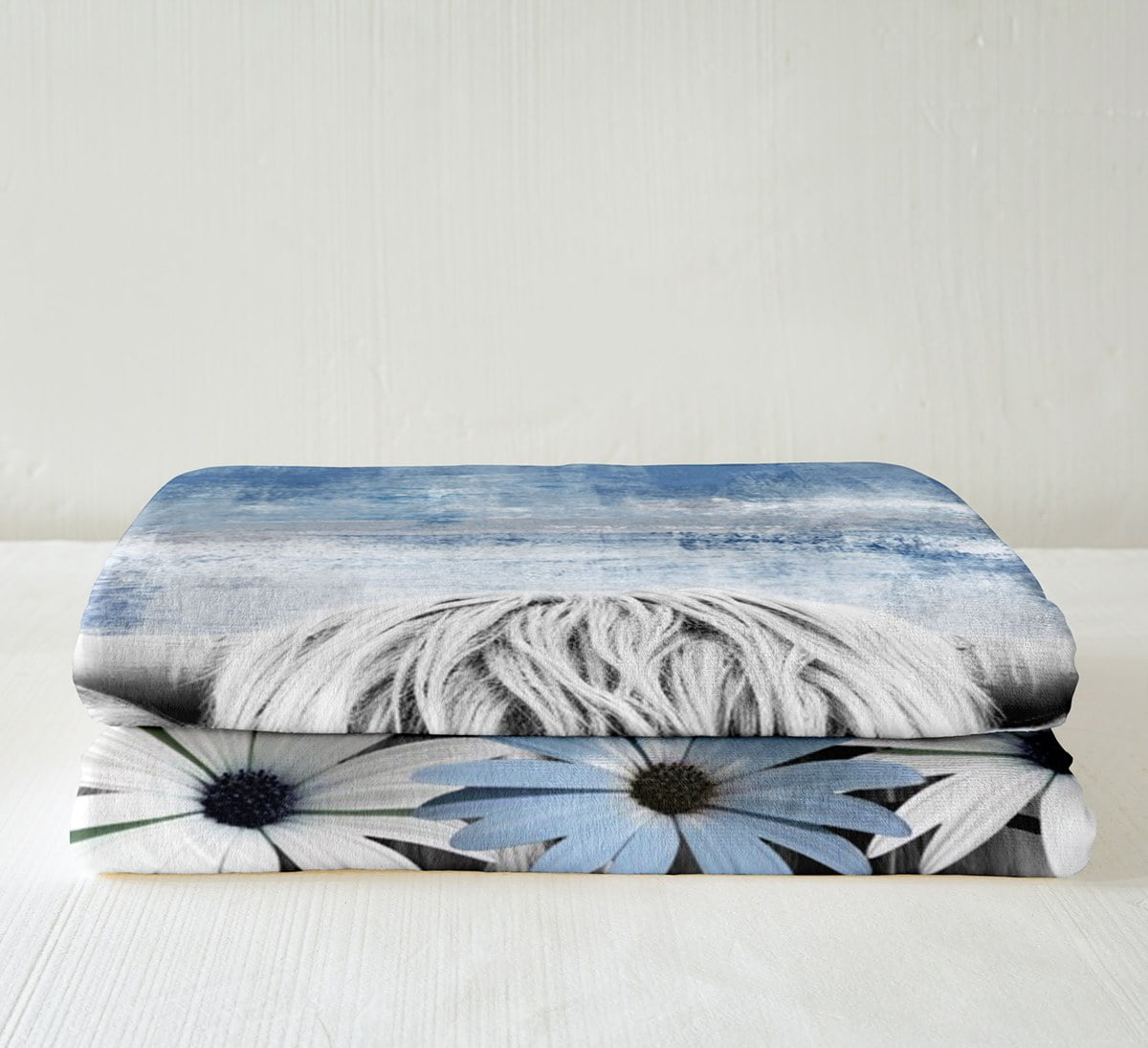 Highland Cow Print Blanket,Blue Western Farmhouse Throw Blanket Rustic Home Decor,Longhorn Cattle Farm Animal Fleece Blanket Daisy Flowers Fuzzy Blanket Cowboys Gifts for Men Women 50"x60"