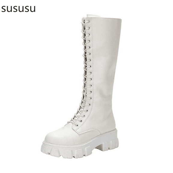 Stylish Women's Mid Calf Boots Leather Suede Lace Up Platform Design Winter Comfortable Footwear For Cold Weather Casual Outings