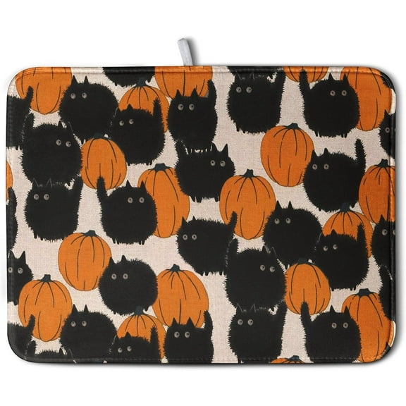 Happy Halloween Dish Drying Mat for Kitchen Counter 16x18 Inch Cute Pumpkin Black Cat Trick or Treat Drying Mats Large Microfiber Absorbent Dish Rack Pad for Coffee Bar Sinks Home Accessories