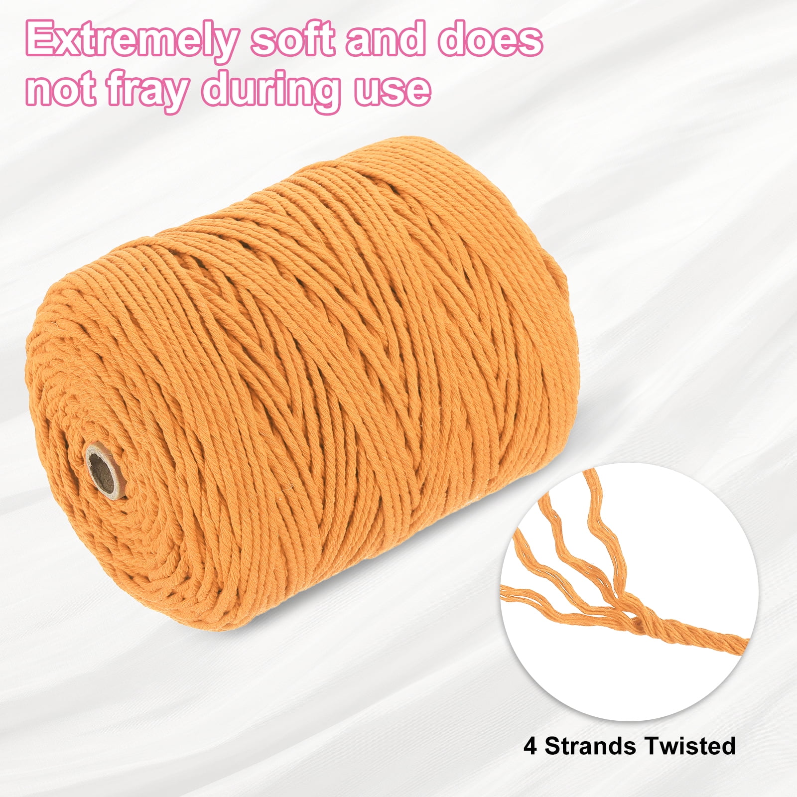 Uxcell Natural Macrame Cord 3mm x 328 Yards 4 Strand Twisted Cotton Macrame Rope for DIY Knitting Plant Wall Hanger Dreamcatcher, Golden Yellow