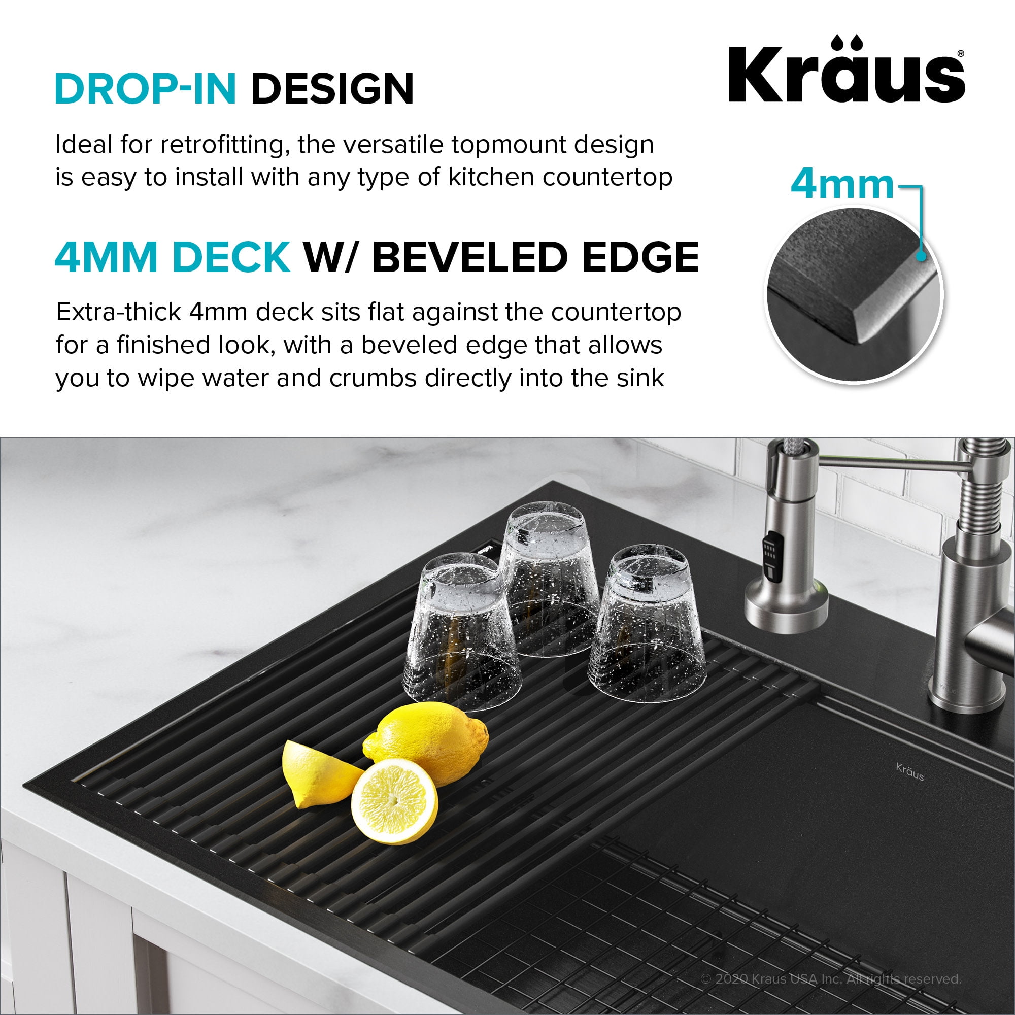 Kraus Kore Workstation 33 inch Topmount Drop-In 16 Gauge Stainless Steel Single Bowl Kitchen Sink in PVD Gunmetal Finish with Accessories
