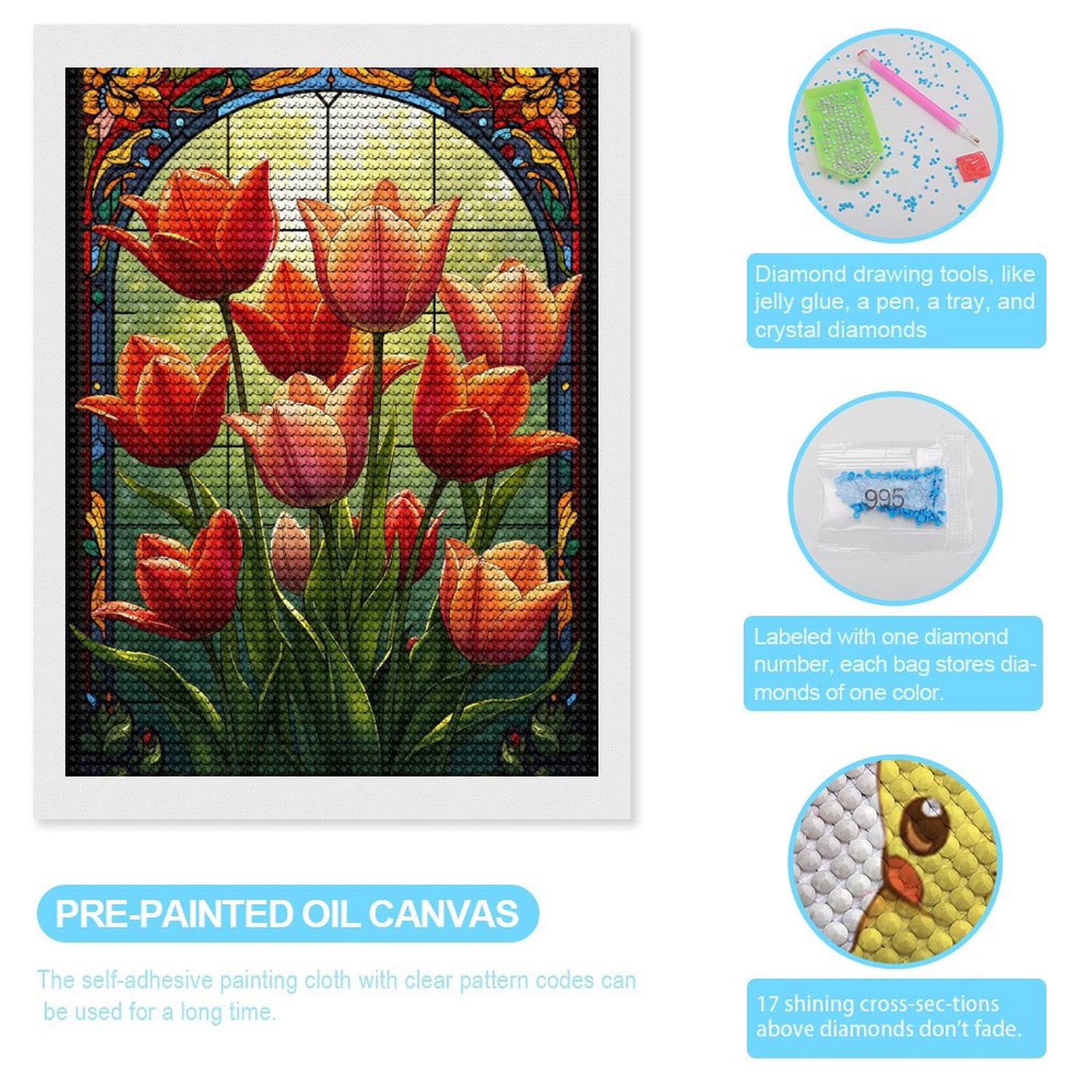 Diamond Art Kits for Adults, Tulip Garden Stained Glass Art 5D Diamond Painting Kits for Adults Beginners, DIY Full Drill Diamond Painting, Gem Art and Crafts 12x16