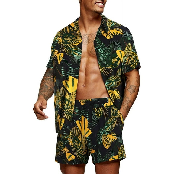 Mens Flower Shirt Hawaiian Shorts Sets Casual Button Down Short Sleeve Beach Shirt 2025
