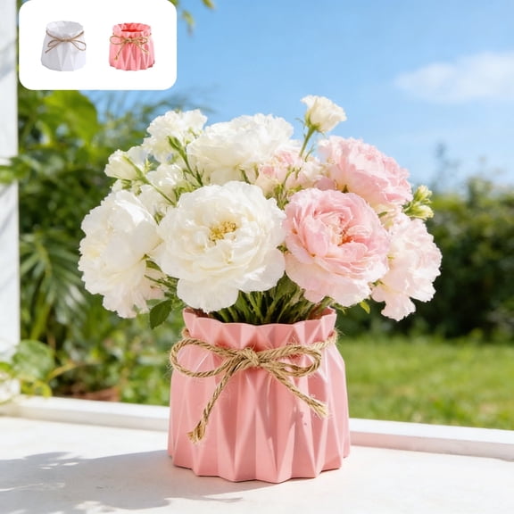 Rope Plastic Vase Faux Ceramic Flower Pot European Modern Centerpiece, Diamond Geometric Jute Wrapped, 4 in Decorative Accent for Living Room Office