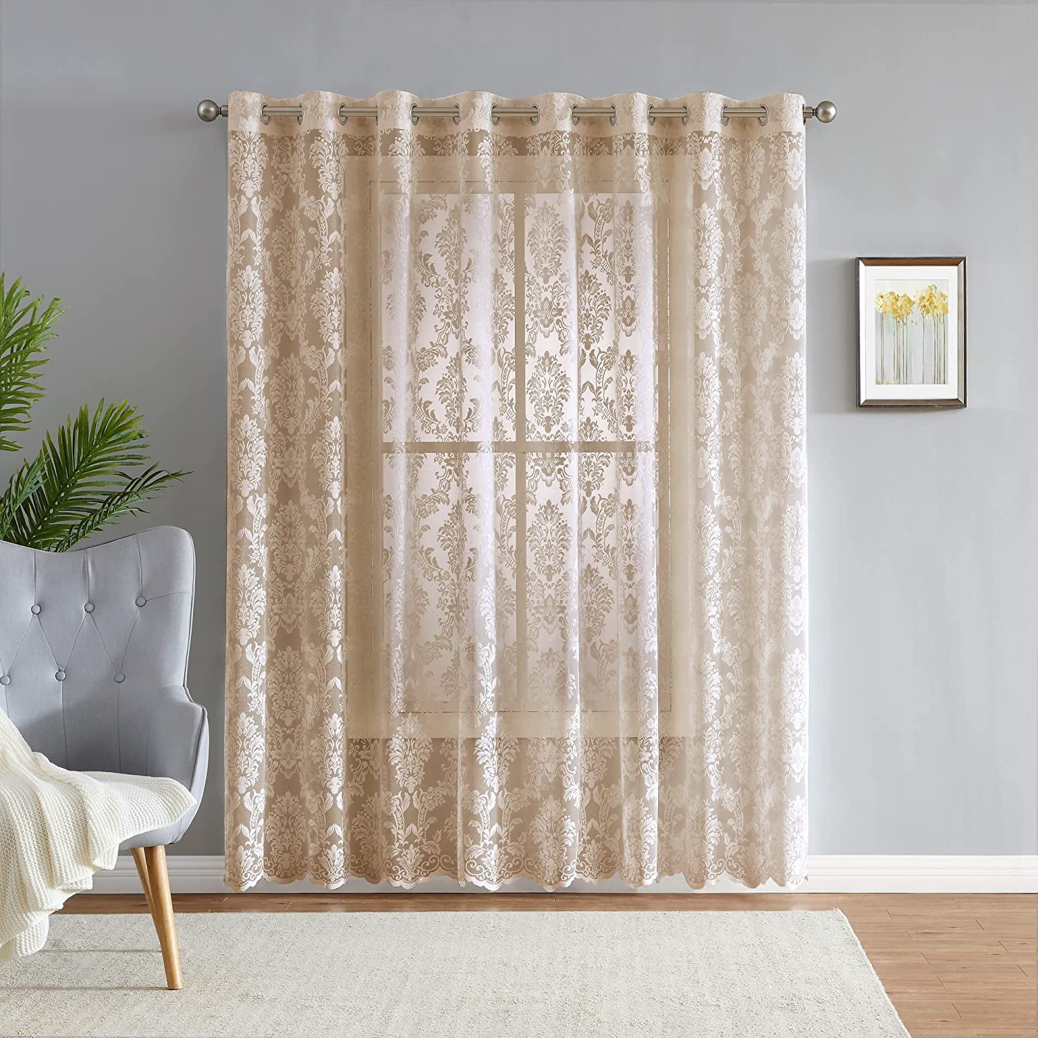 Warm Home Designs Extra Wide 102" x 84" Linen Color Knitted Lace Patio or Sliding Door Curtains with 6 Grommets per Panel. LISA PATIO 84 LINEN