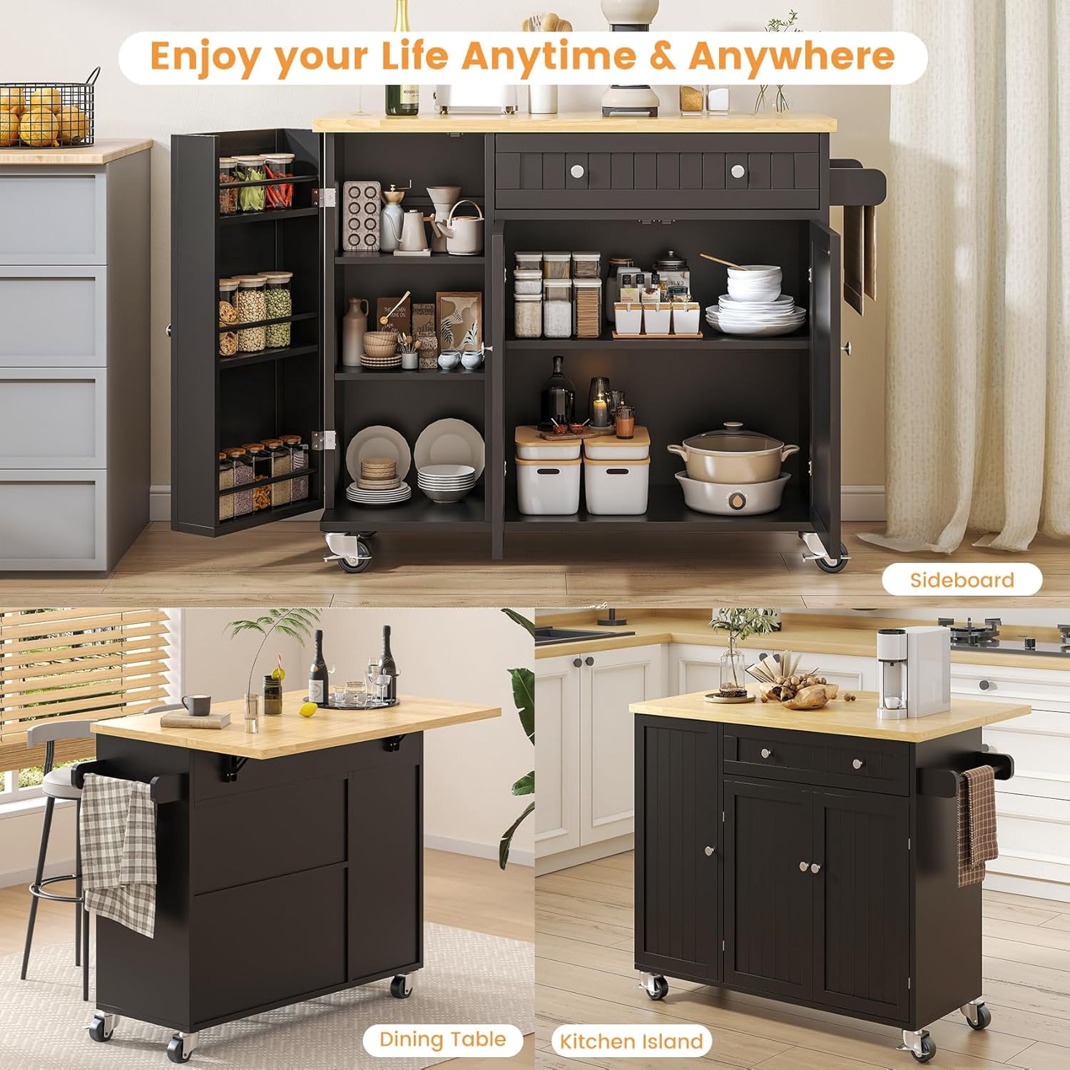 Meteorleg Kitchen Island with Storage, 41.3" W Wood Kitchen Island Cart with Drop Leaf, Black Rolling Cart with Lockable Wheels